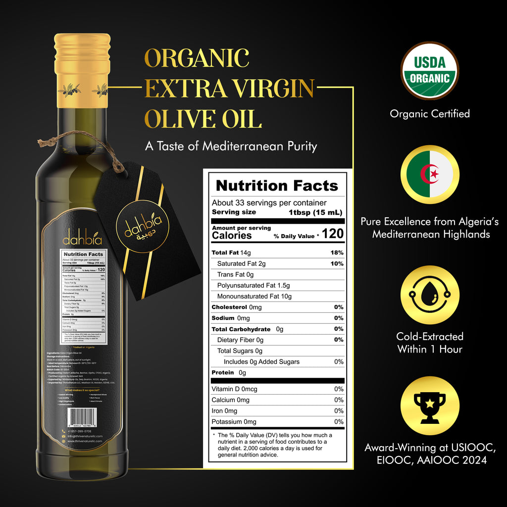 Dahbia Organic Ultra-Premium Extra Virgin Olive Oil (Save 40% on 1 Bottle or 45% on 2+ Bottles)